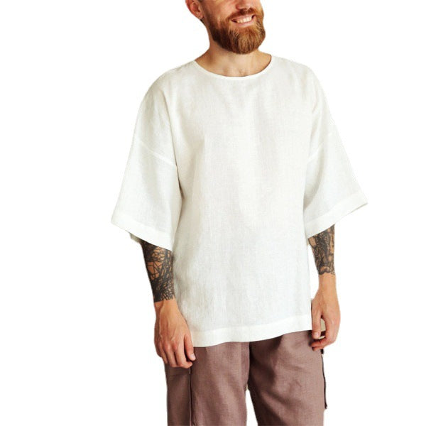 Herren Leinen T-Shirt Übergroß Relaxed Fit Sommer