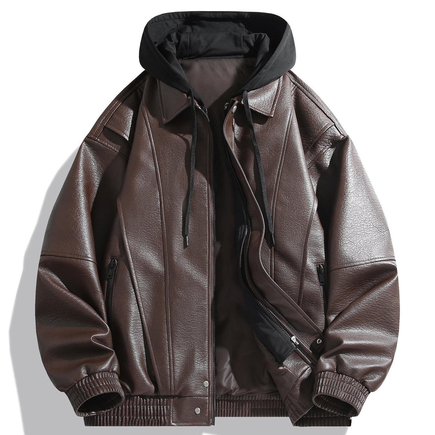 Herren Lederjacke Kunstleder Mit Kapuze Funktions-Taschen