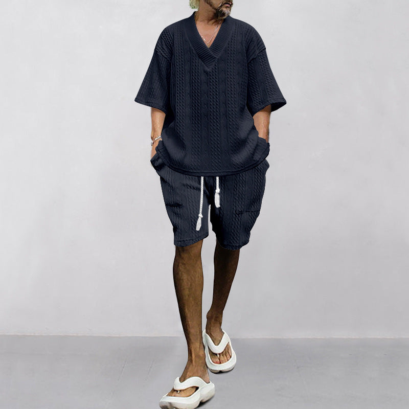 Herren T-Shirt V-Ausschnitt Lässig und Kurze Freizeithose Elastisch