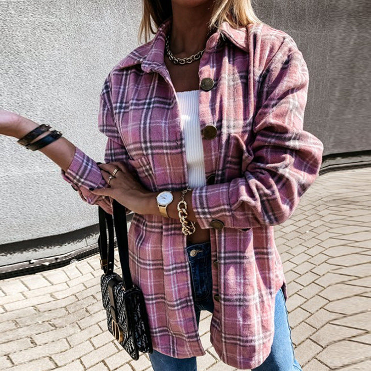Damen Bluse Jacke Kariert mit Knöpfen Modern
