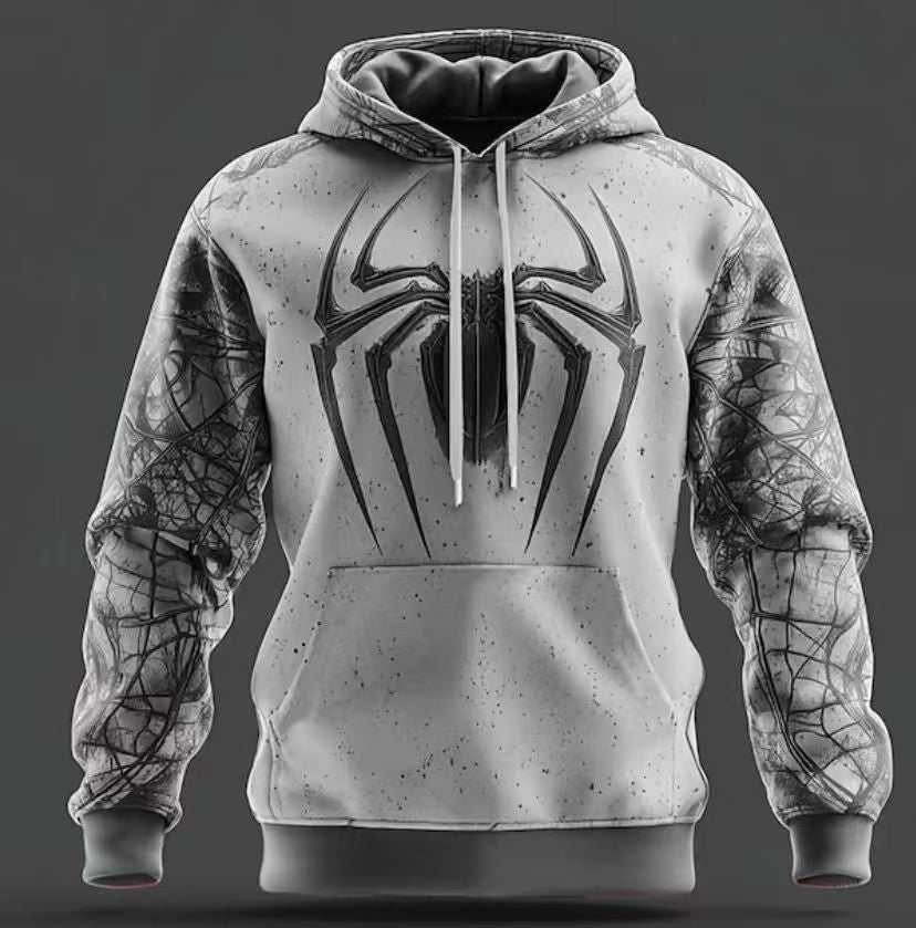 Herren Kapuzenpullover Spinnen Motiv Grau Kontrast Ärmel