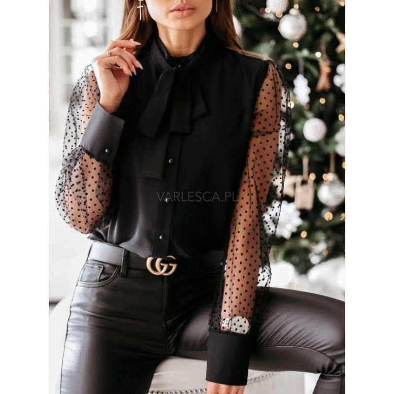 Damen Bluse Transparent Ärmel Elegante Bluse mit Schleife