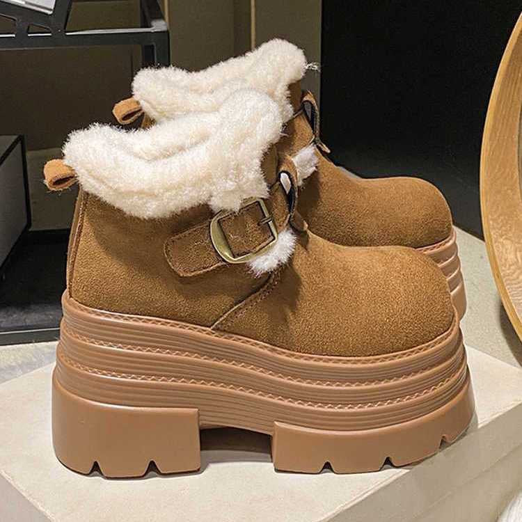 Damen Plateau Stiefeletten Flauschig Warm mit Schnalle