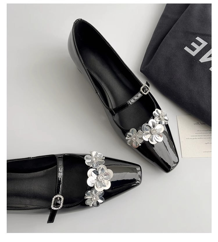 Damen Ballerinas Schimmernd Blumen Muster Elegante Schuhe