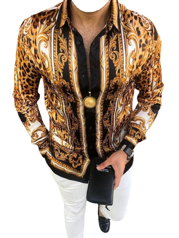Herren Langarmhemd Barock Muster Elegant Schwarz