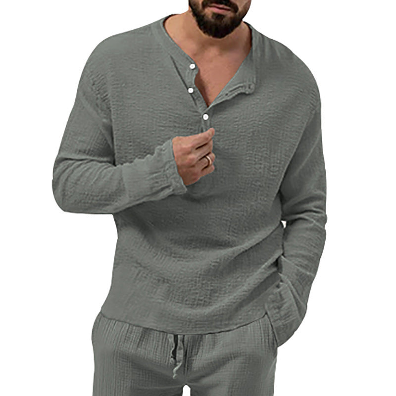 Herren Langarmshirt Waffel-Design Knopfleiste Modern