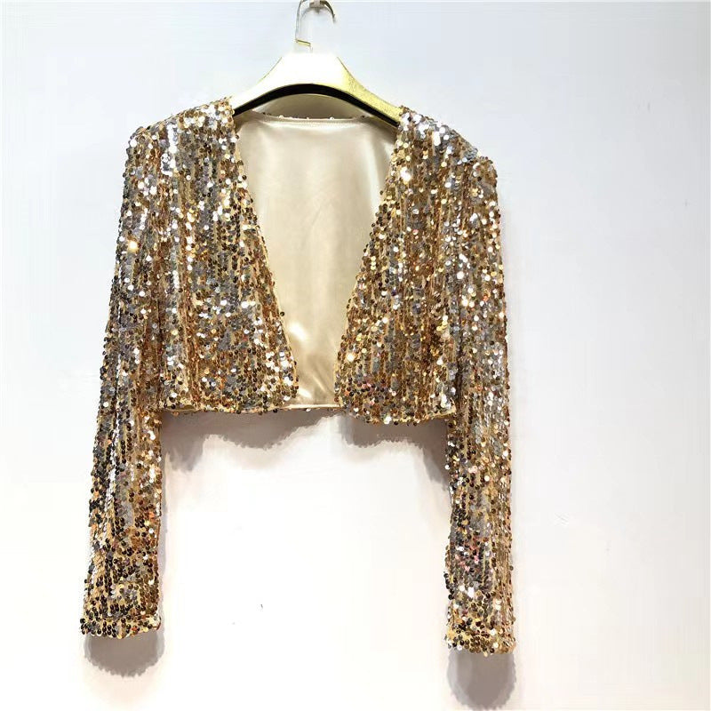 Glitzernde Damenjacke Langarm Offener Schnitt Glamour