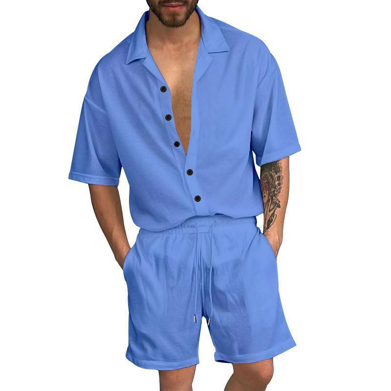 Herren Sommer Set Kurzarm Hemd Shorts mit Knöpfen Modern