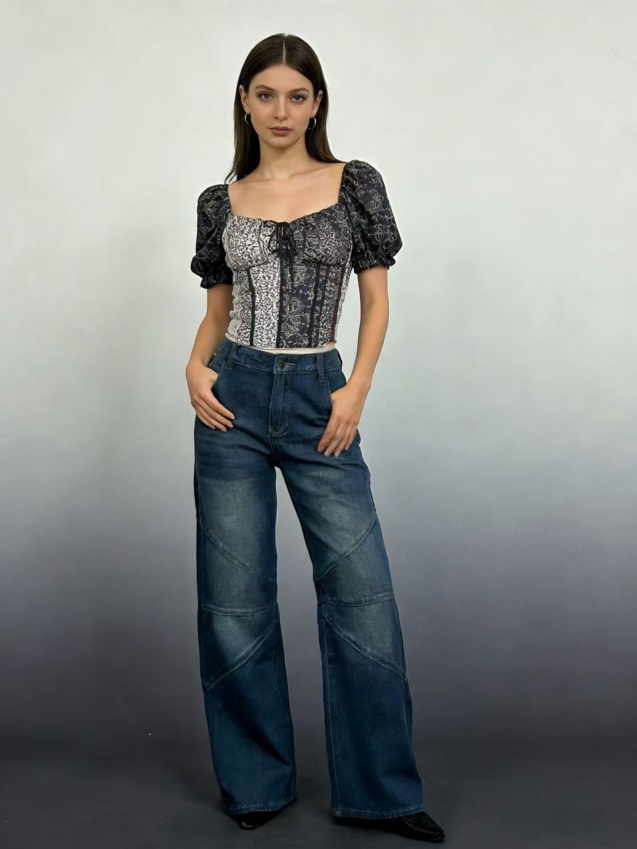 Damen Jeanshose Weite Bein Asymmetrisch Schnitt