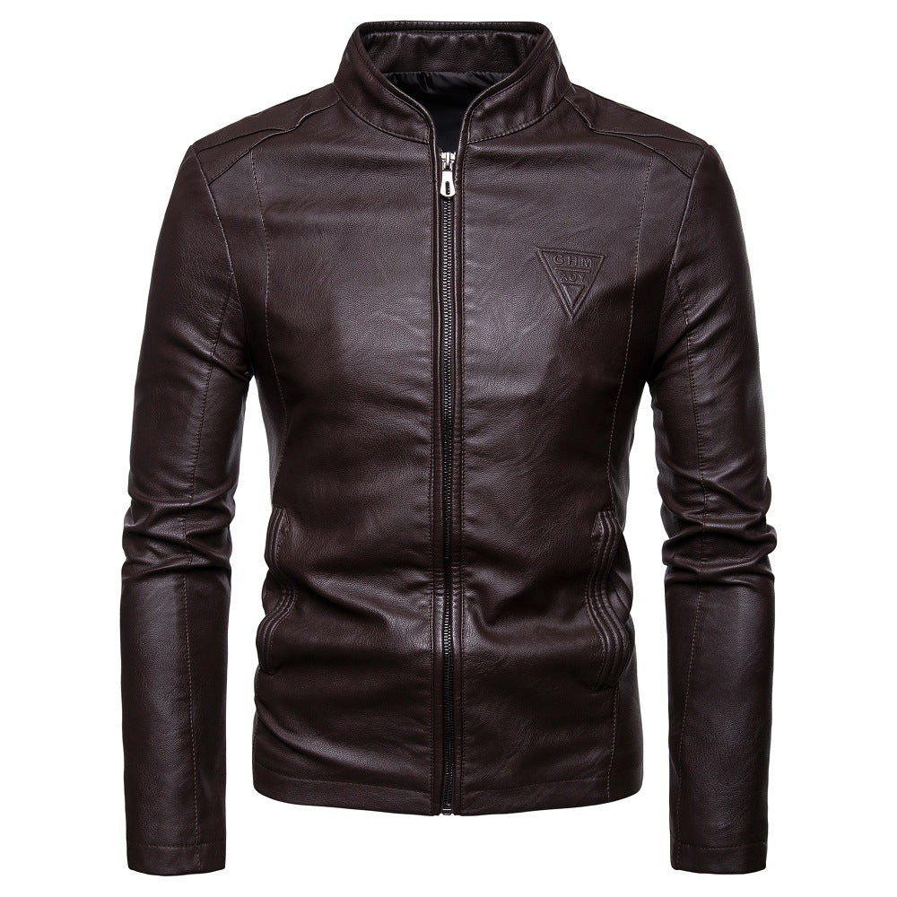 Herren Lederjacke Modern Stehkragen Reißverschlusstaschen