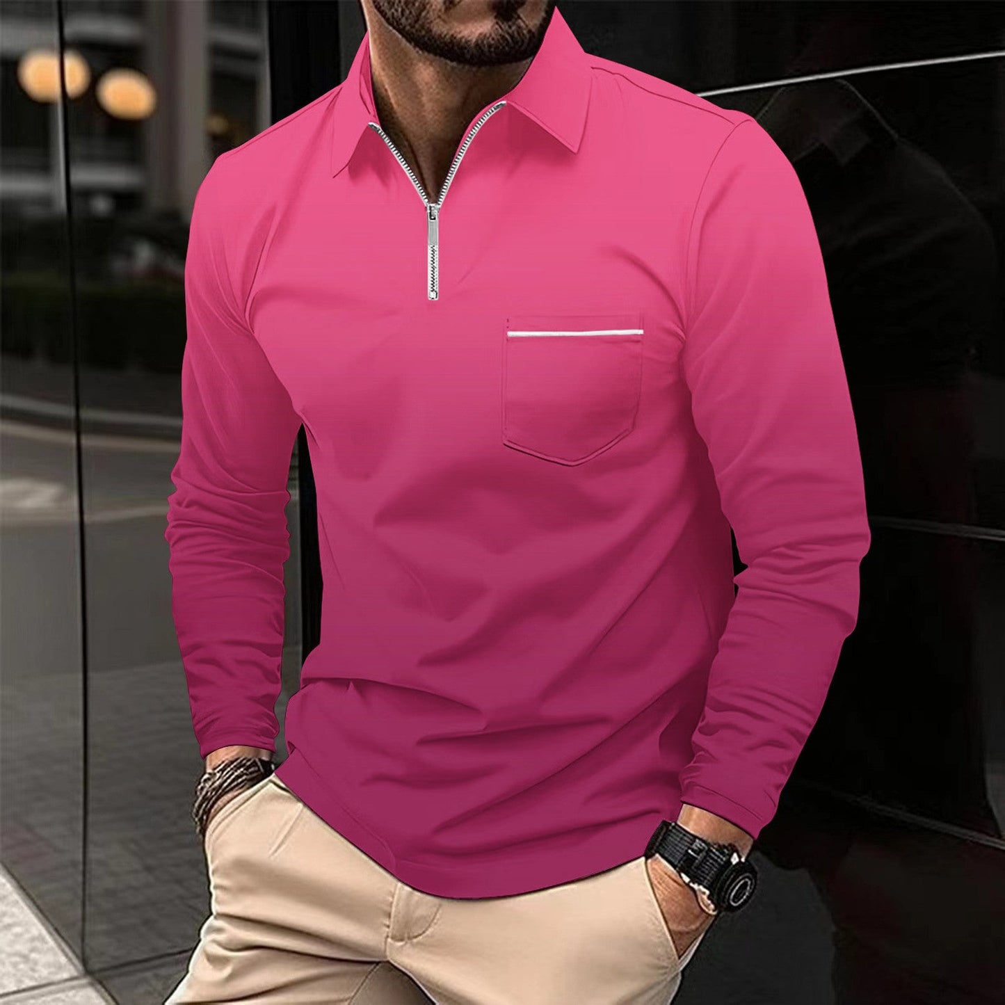 Herren Langarmshirt Modern Reißverschluss Brusttasche Praktisch