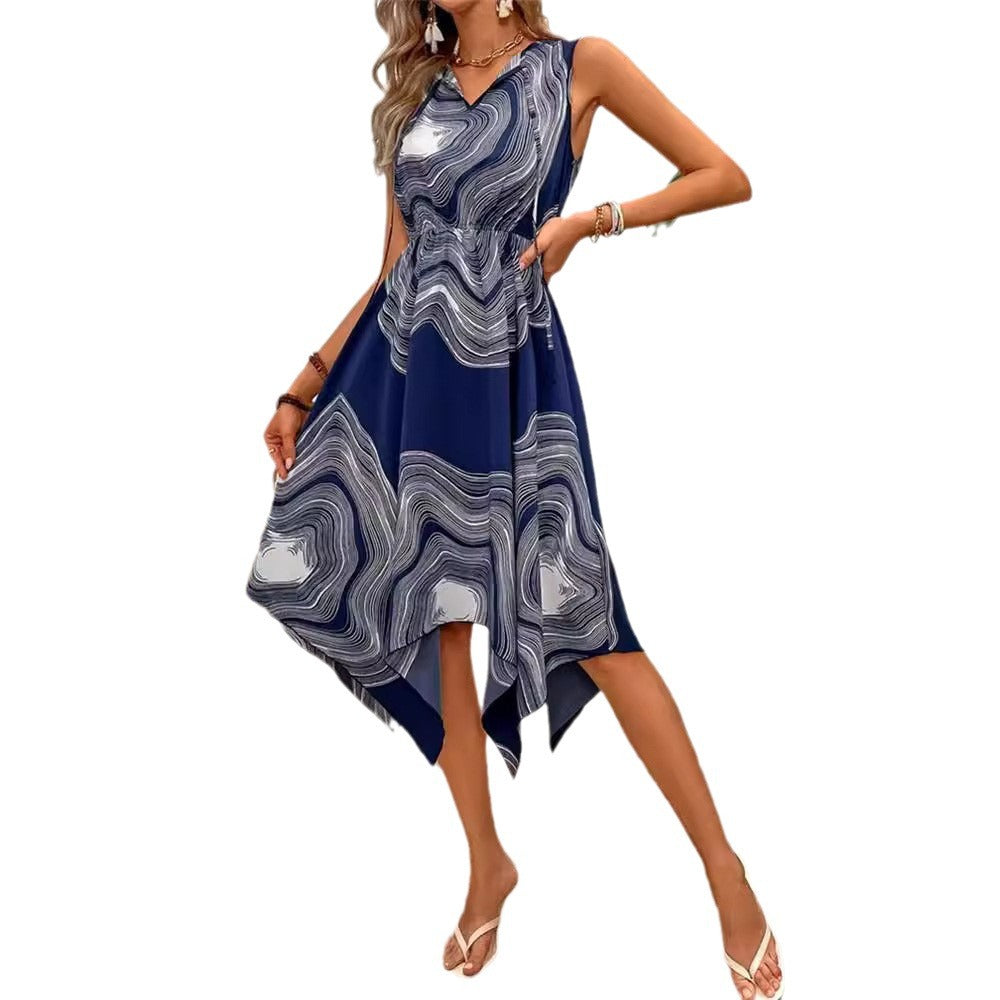 Asymmetrisches Sommerkleid Damen V-Ausschnitt Wellenmuster Kurz