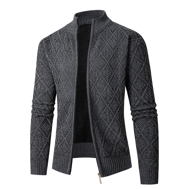 Herren Strickjacke Rautenmuster Hochkragen Modern