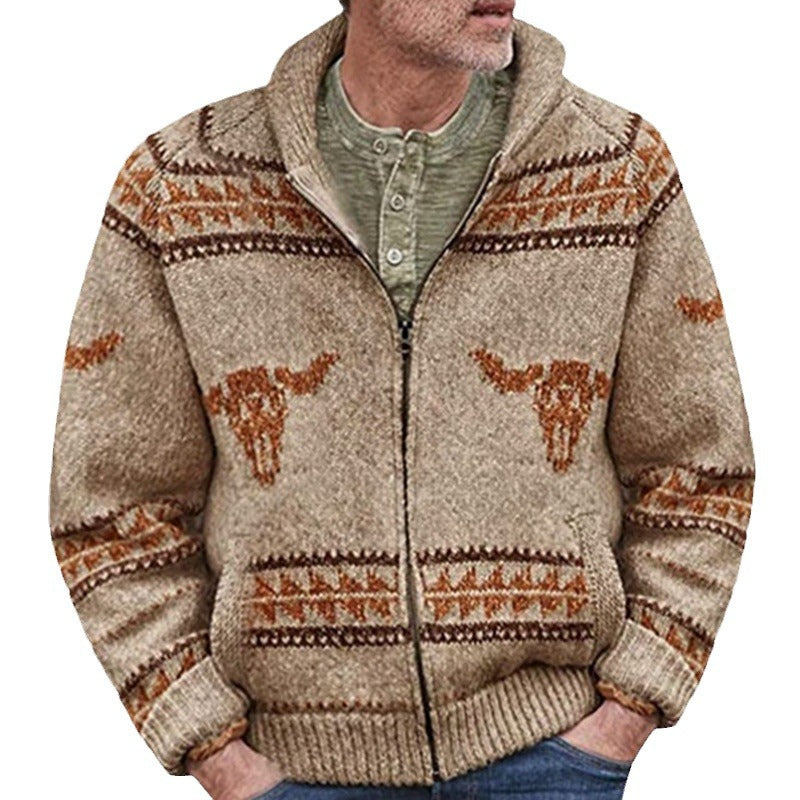 Herren Strickjacke Wildwest Muster Warm Futter