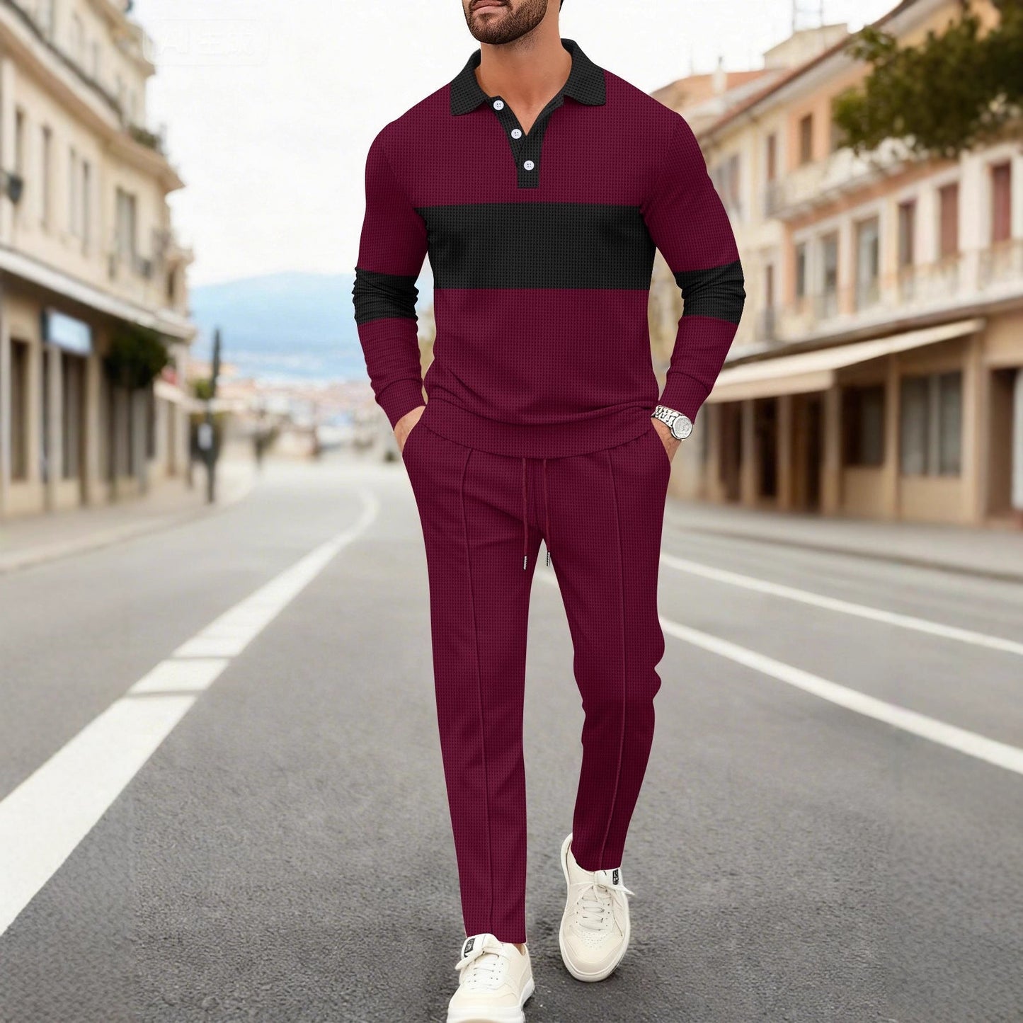 Herren Polohemd Langarm Modern mit Jogginghose Set