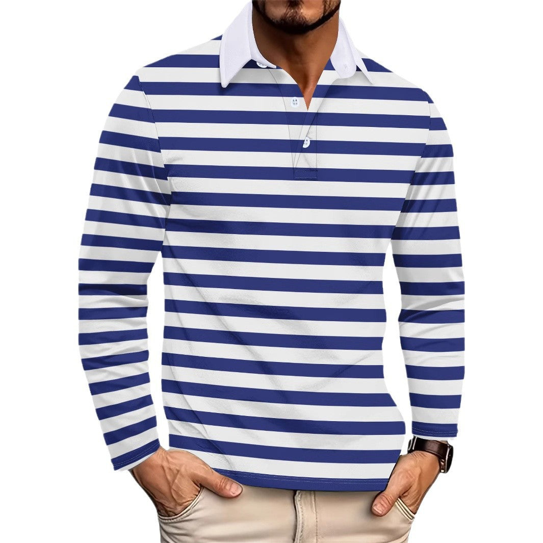 Herren Poloshirt Langarm Streifenmuster Marineblau