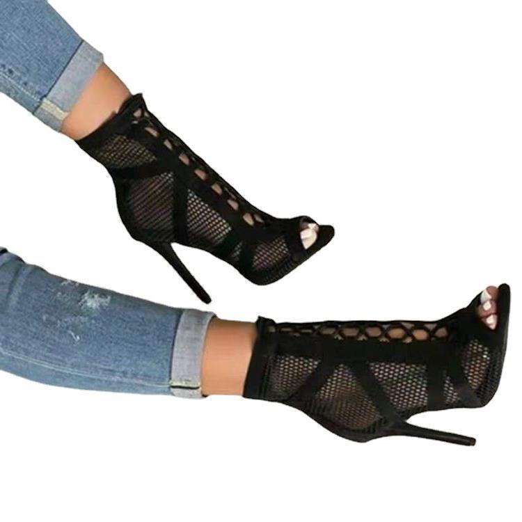Damen Ankle Boots Peeptoe Netzdesign Blockabsatz Hochhackig