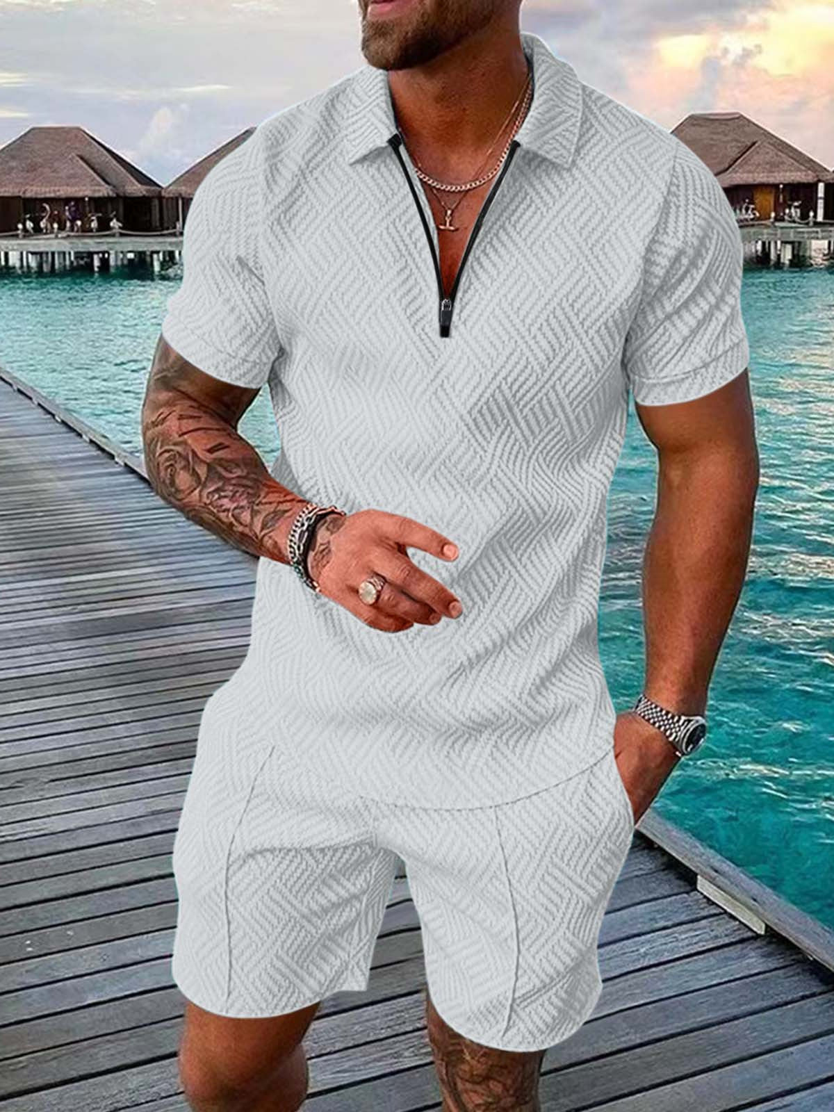 Herren Jumpsuit Kurzarm Modern Fein Strukturiert