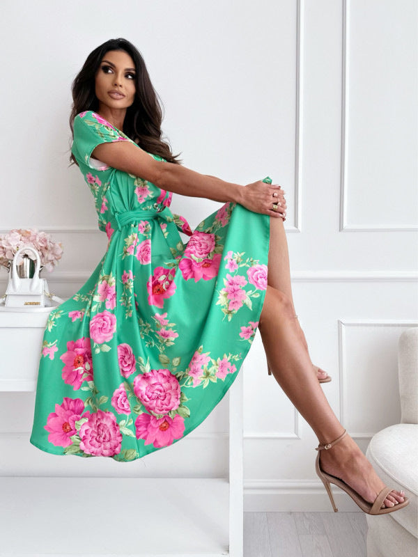 Damen Wickelkleid Blumenmuster Taillengürtel Elegant