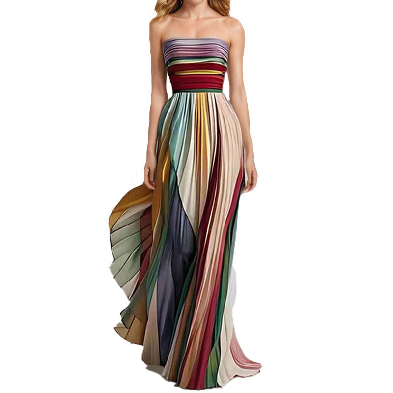 Damen Maxikleid Elegantes Gerafftes Oberteil Streifenmuster Farbenfroh