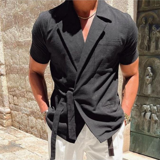 Herren Leinenhemd Wickel Optik Elegant Sommer