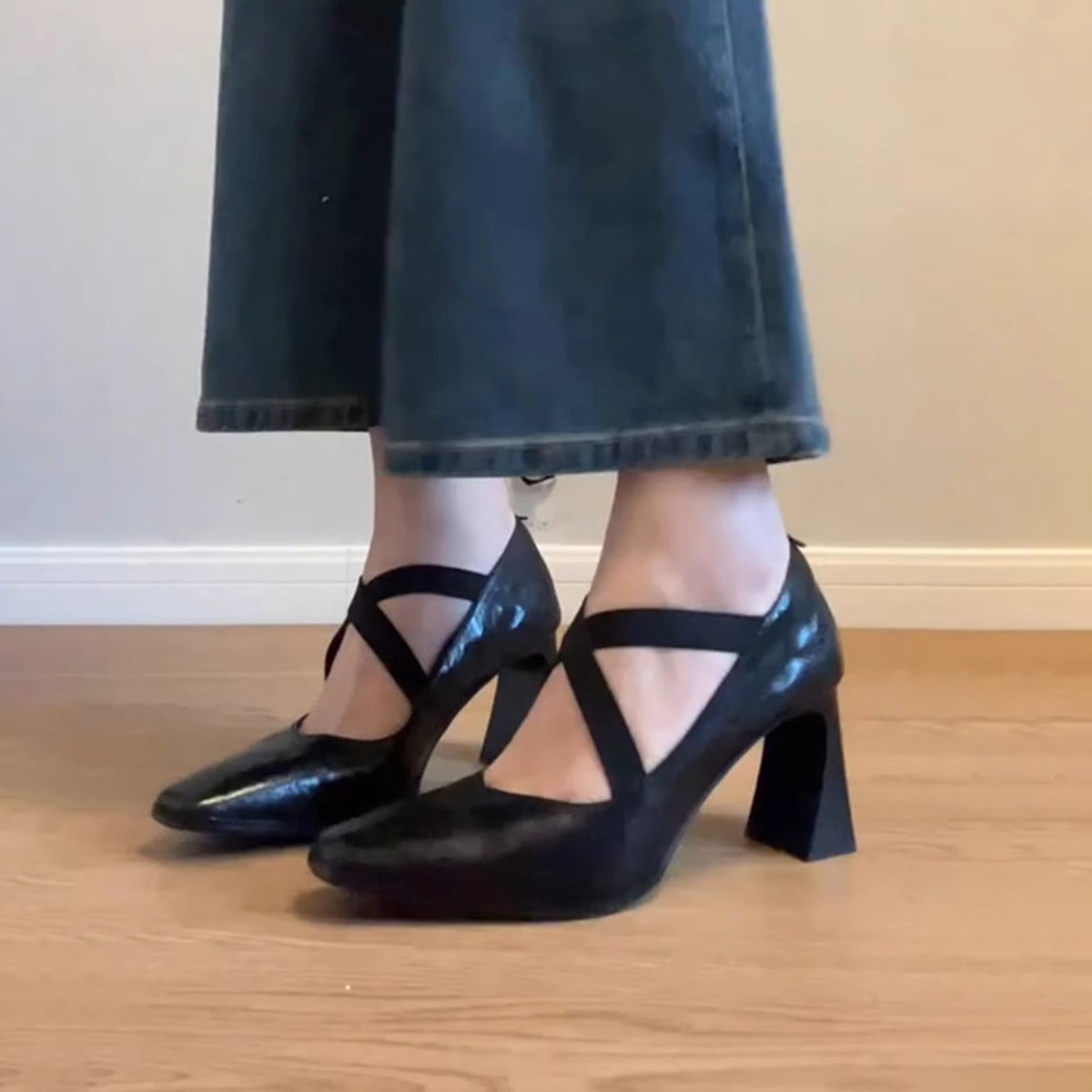 Damen Pumps mit Riemen Blockabsatz Elegante Schuhe