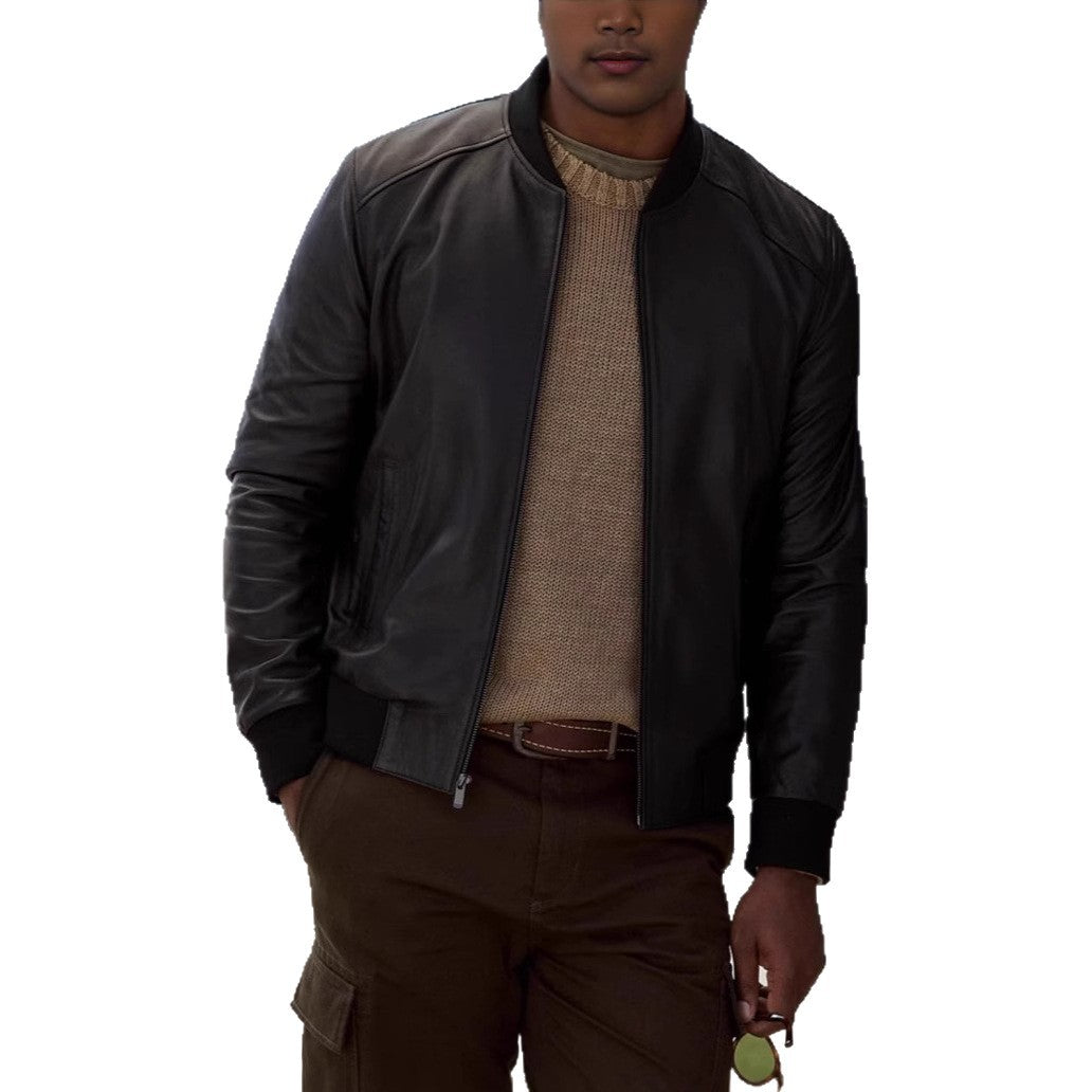 Herren Lederjacke Biker-Stil Stehkragen Elegante Ledermantel