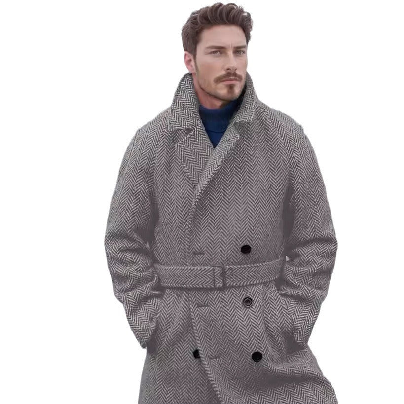 Eleganter Herren Wollmantel Fischgrat Muster Modern