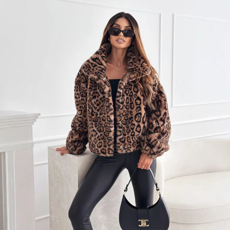 Damen Leopardenjacke Kuschelig Warm Winter
