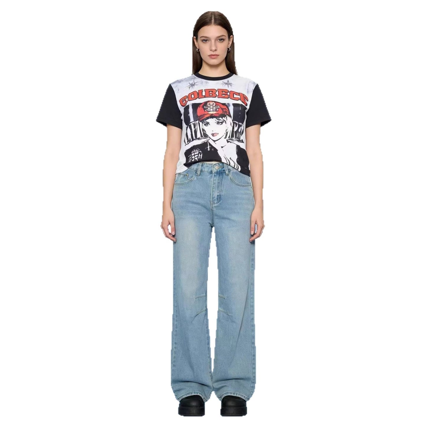 Damen Jeanshose Weit Bequem Mit Nähdetails
