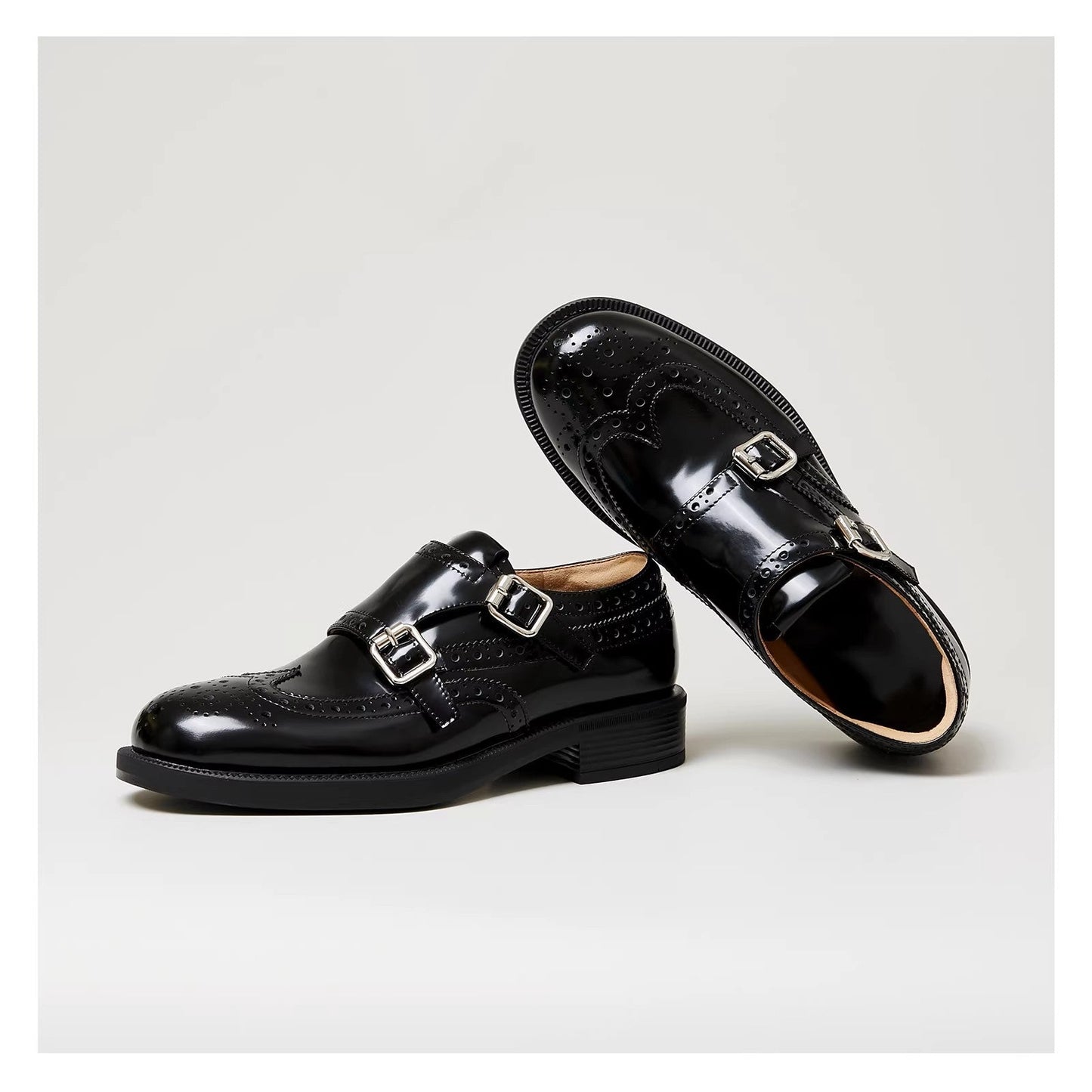 Damen Schuhe Doppelmonk Elegante Perforiert Schwarz