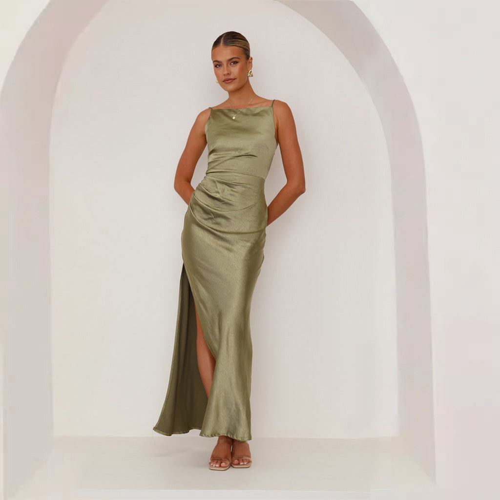 Damen Maxikleid Elegant Satin Hochgeschlitzt Abendkleid