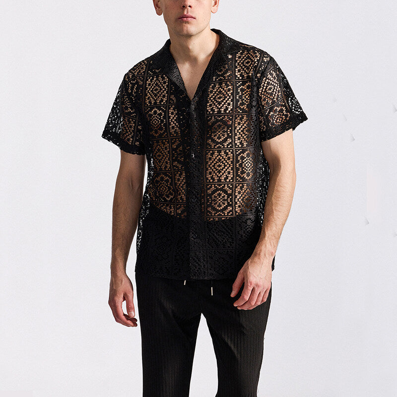 Herren Spitzenhemd Kurzarm Floralmuster Durchbrochen