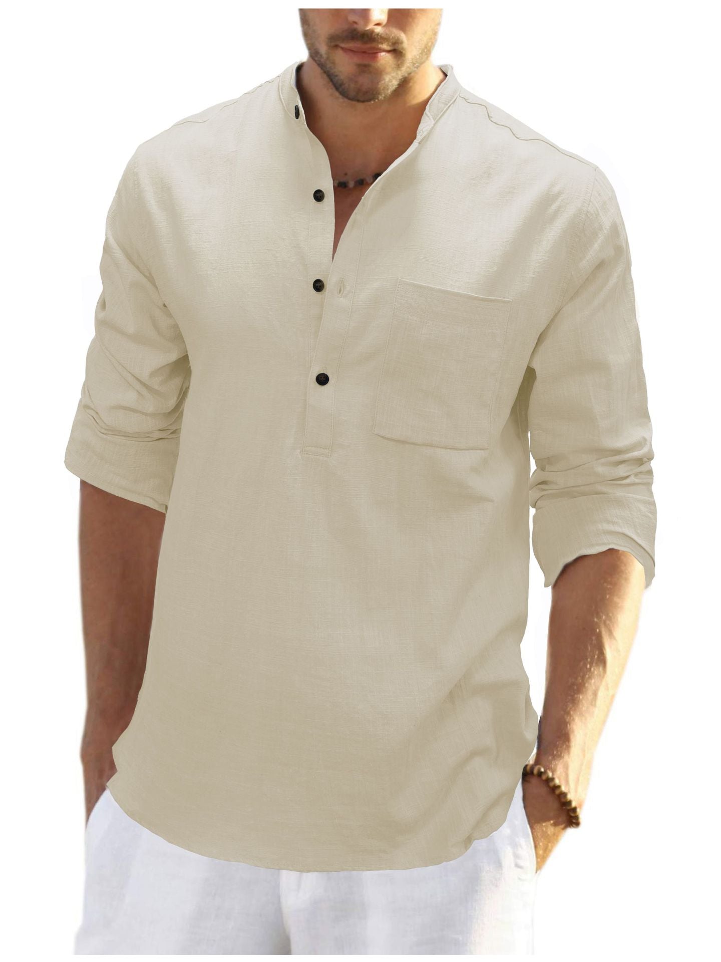 Herren Langarmshirt Leinen Mit Brusttasche Bequem