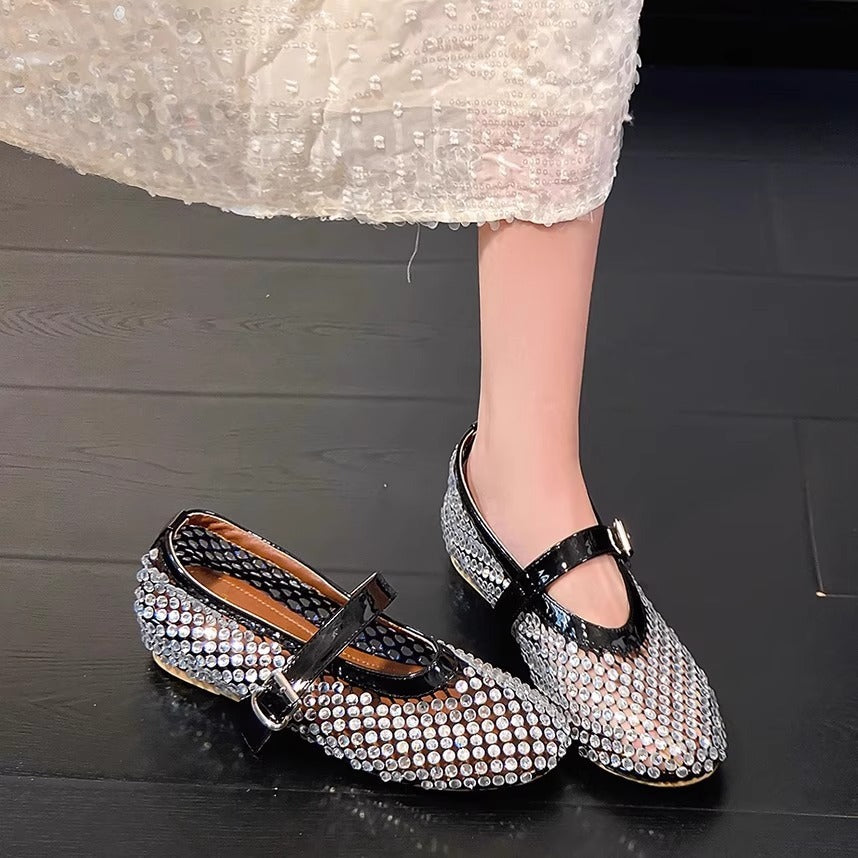 Damen Ballerinas Glitzer Strassstein Elegant Riemen