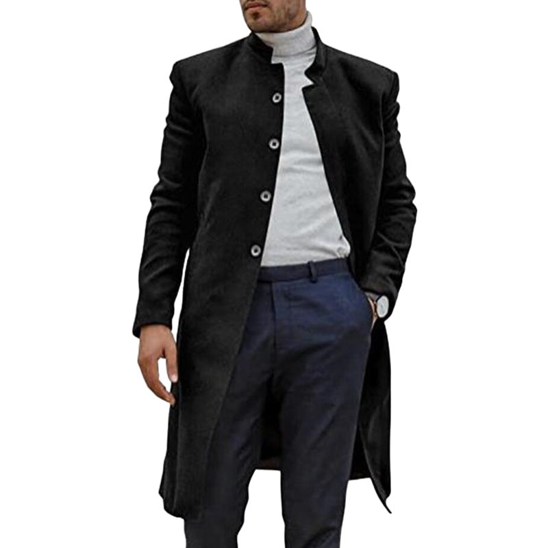 Herren Trenchcoat Elegant Lang Mantel Wolle Schwarz