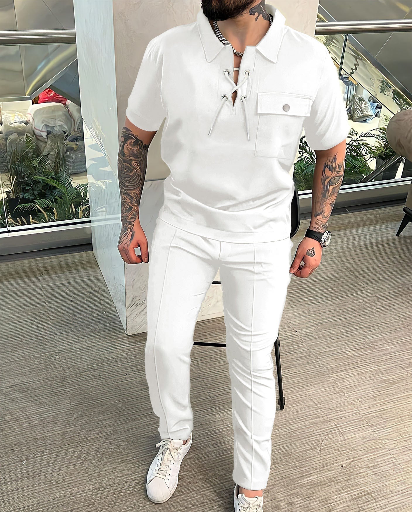Herrenanzug Kurz Slim Fit Mit Kordelzug Detail Modern