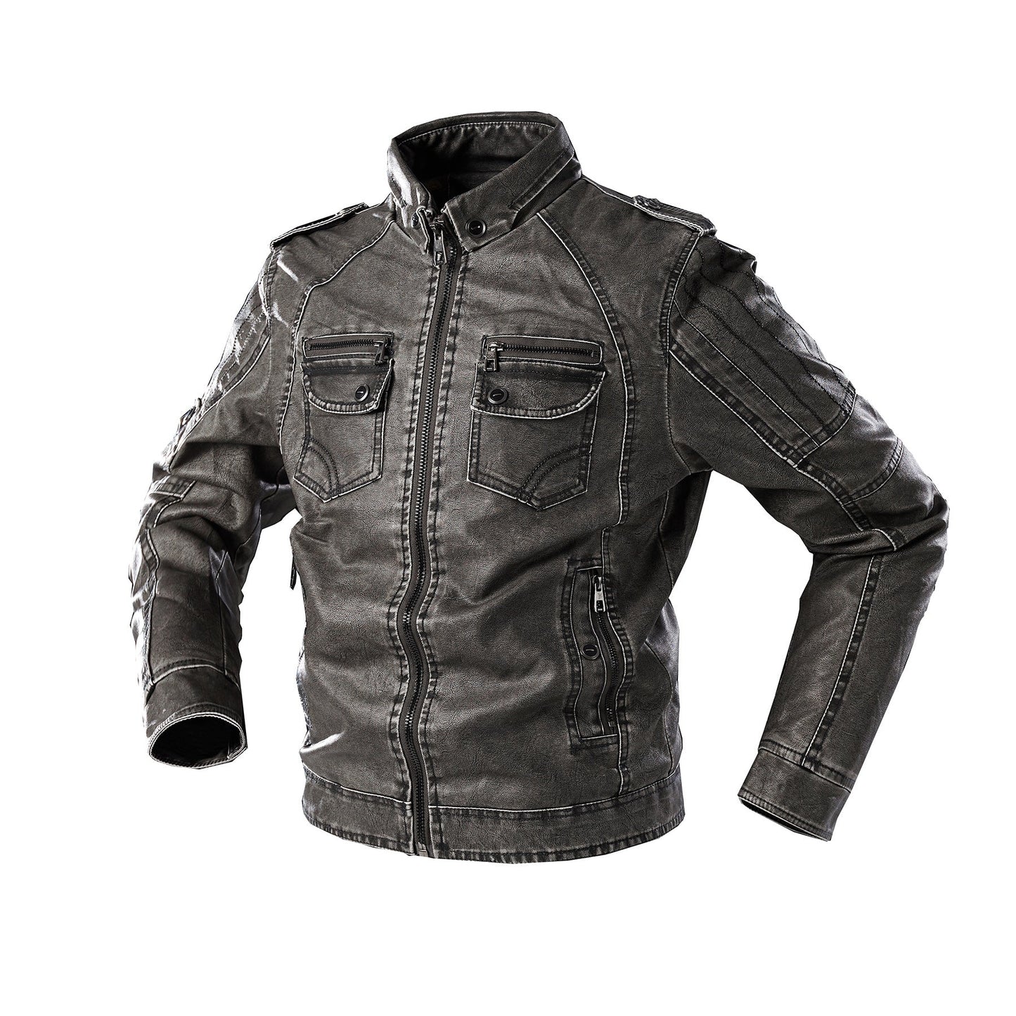 Lederjacke Herren Lässig mit vielen Taschen Schwarz
