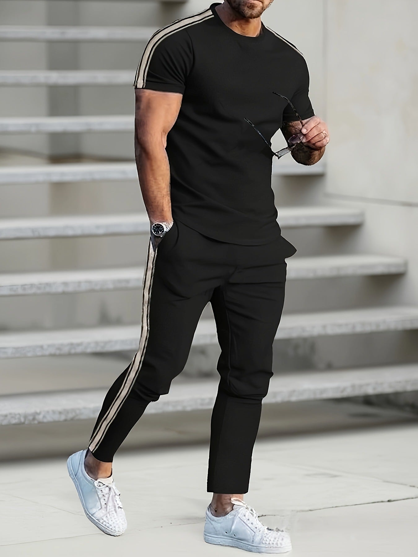 Herren Sportanzug Jogginghose Set mit Seitennähten modern