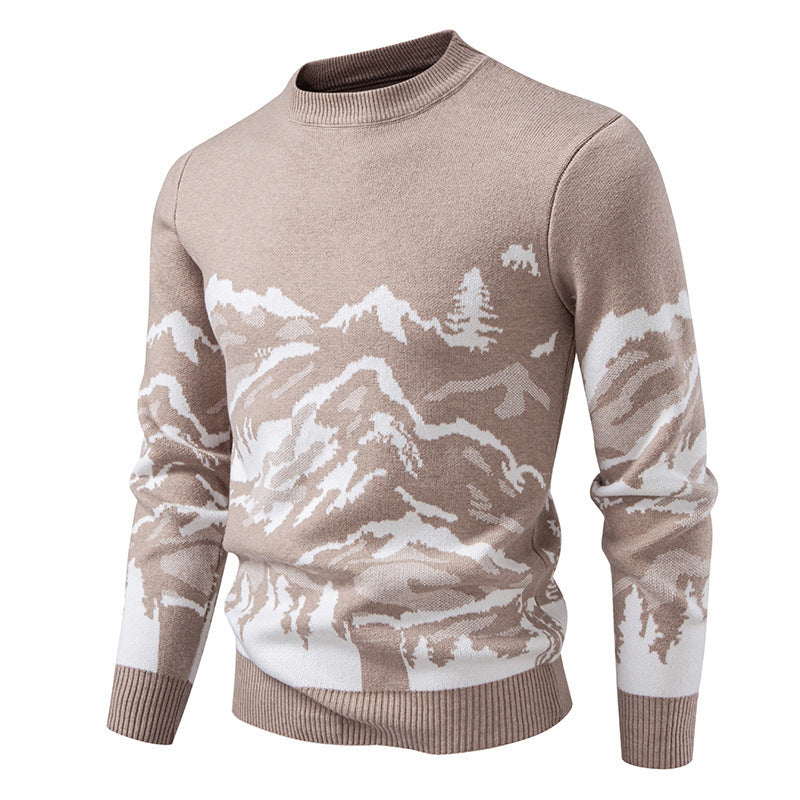 Herren Strickpullover Bergmotiv Hochkragen Winterwarm