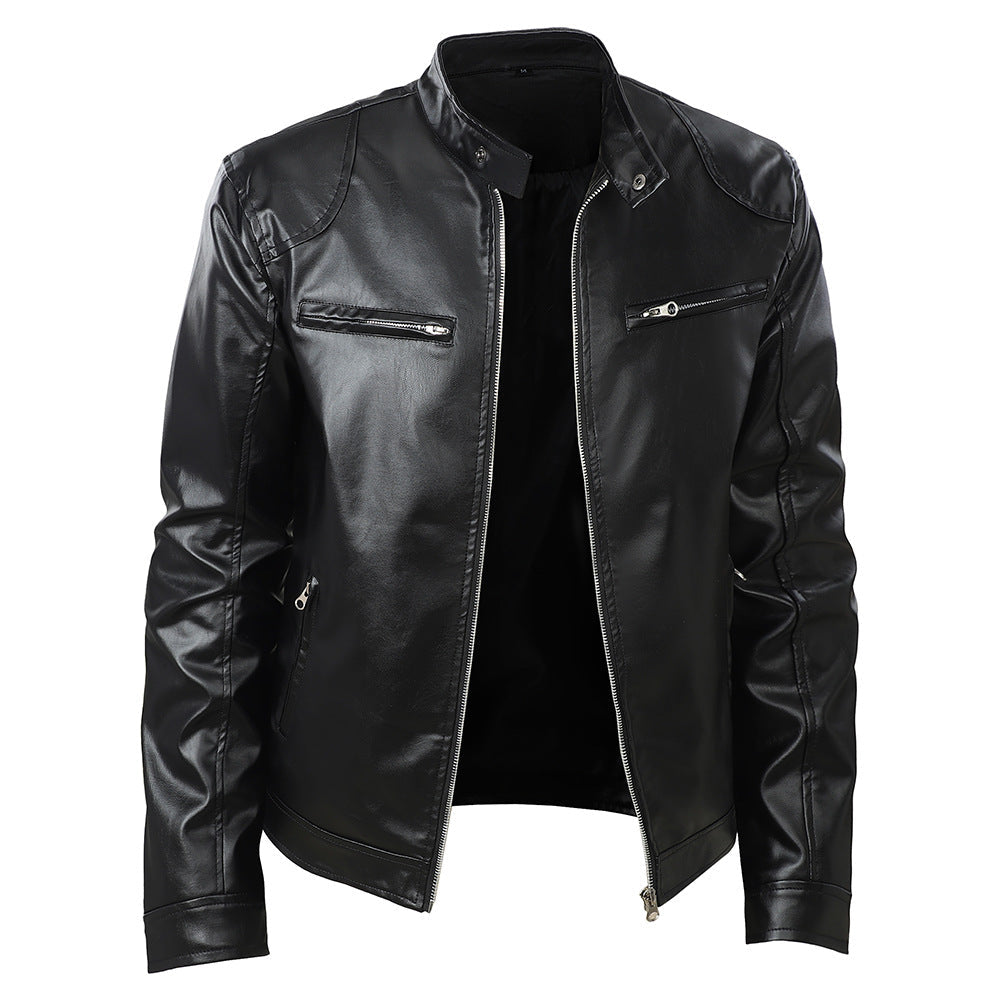Herren Kunstlederjacke Elegant Stehkragen Reißverschluss Taschen Schwarz