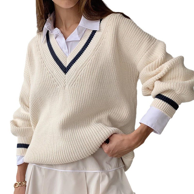 Damen Pullover V-Ausschnitt Streifenmuster Modern