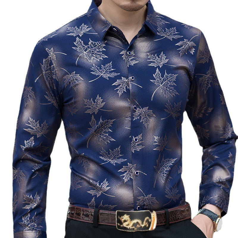 Herren Hemd Langarm mit Blattmuster Elegant Glänzend