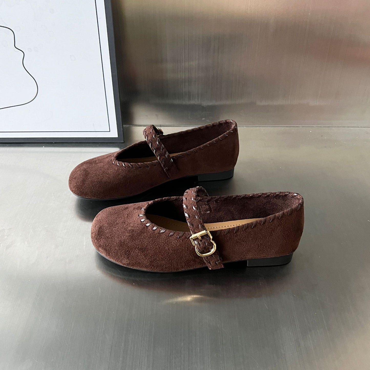 Damen Ballerinas Elegante Velourschuhe mit Riemen