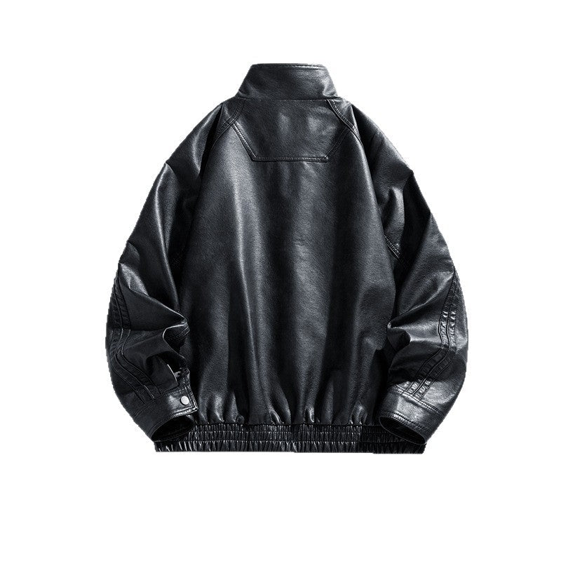 Herren Lederjacke Modern mit Hoher Kragen und Reißverschlusstaschen