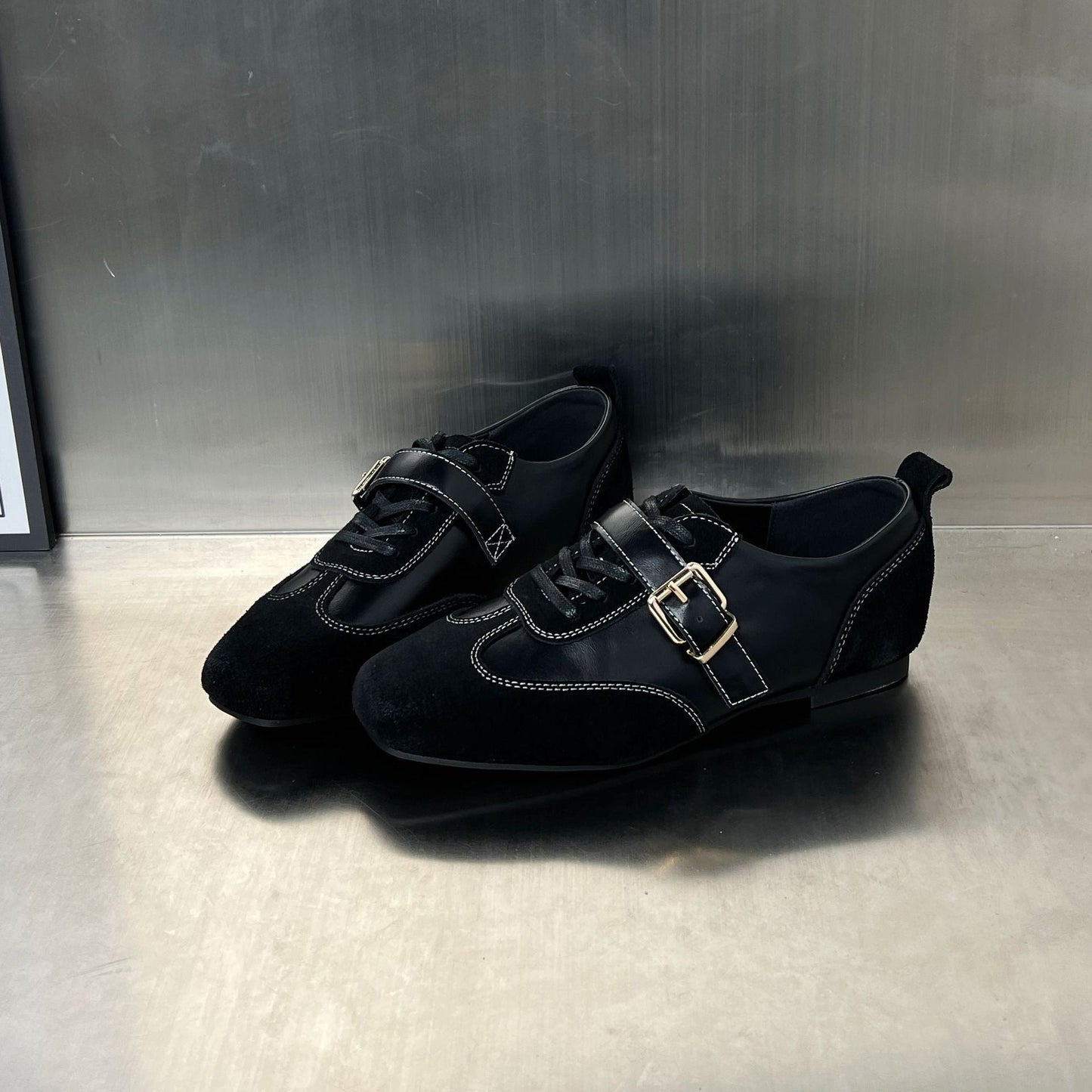 Damen Loafers Elegante Schnallenverschluss Schwarz Lederschuhe