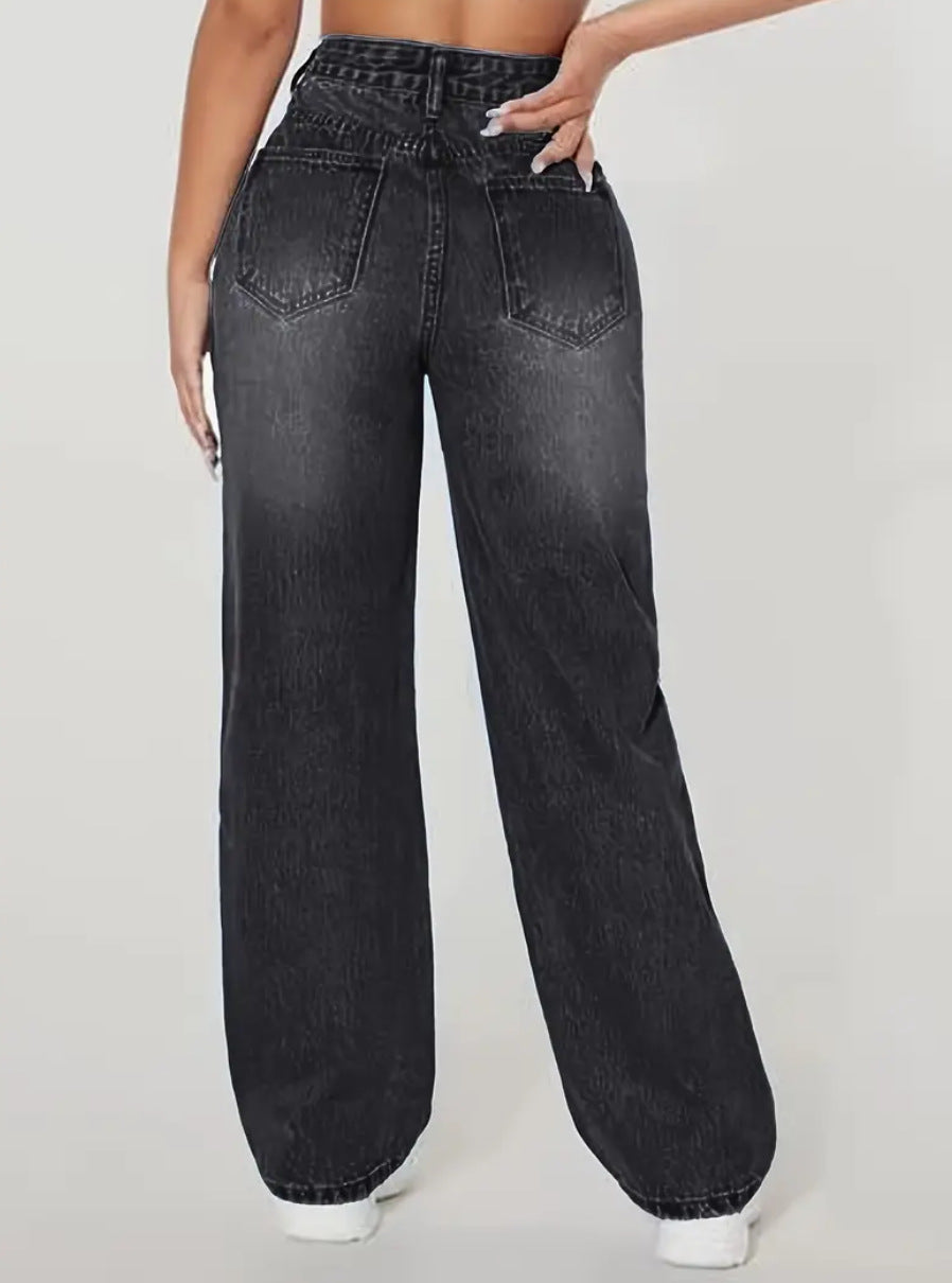 High-Waist Ripped-Jeans Gerades Bein Trendy Damen