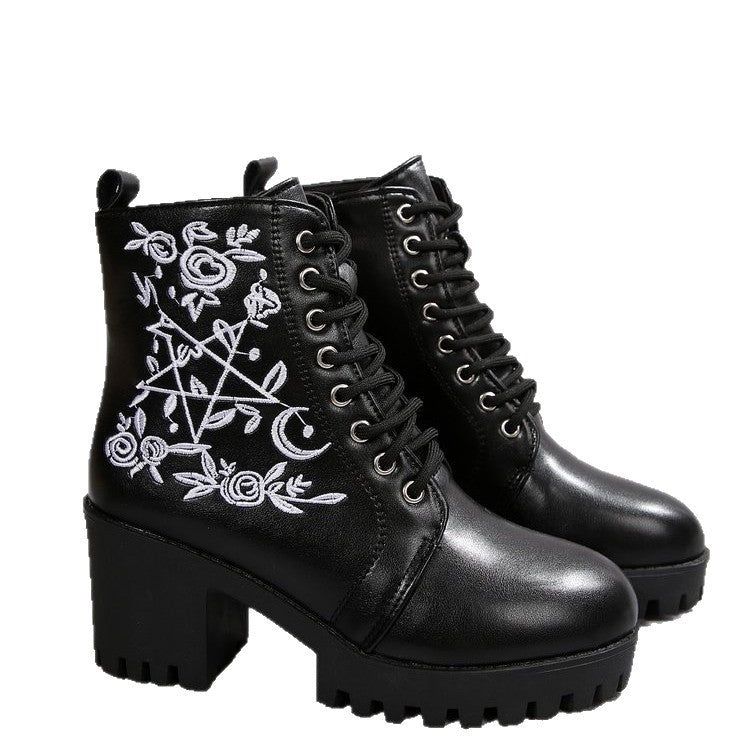 Damen Stiefel Metallic Plateau Blumen Stickerei