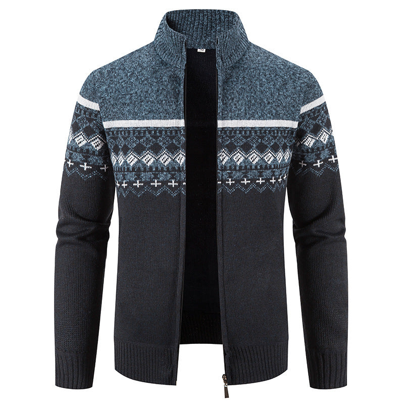Herren Strickjacke Norwegermuster Stehkragen Modern