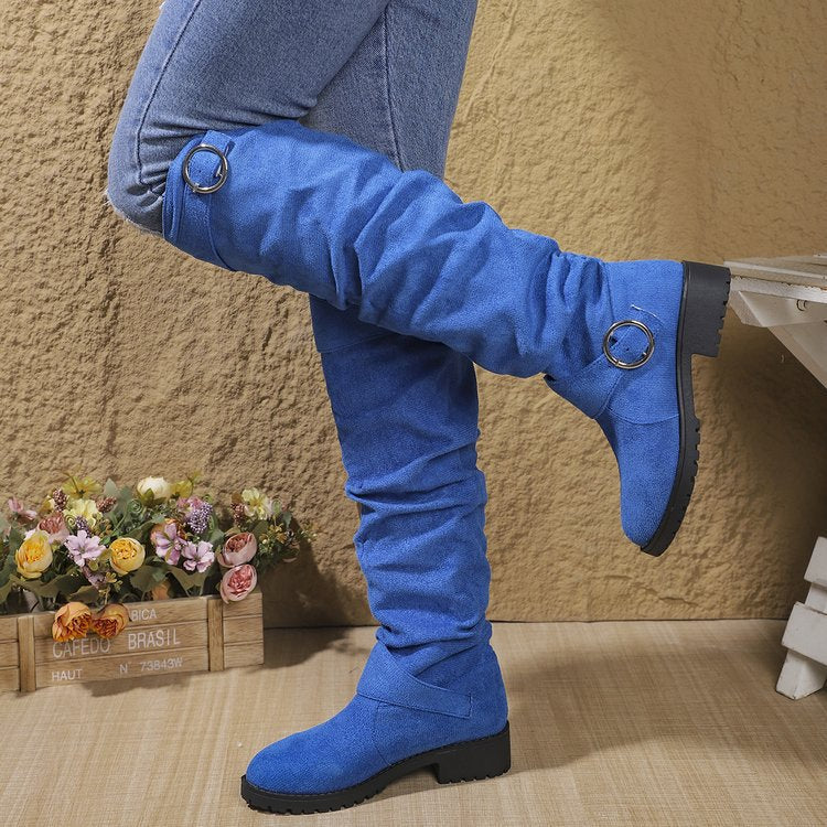 Damen Stiefel Hoch mit Rüschen Design und Riemen Schwarz